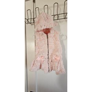 Little Lass girl faux fur sleeveless‎ jacket pink bows full zip up+ hood 24M